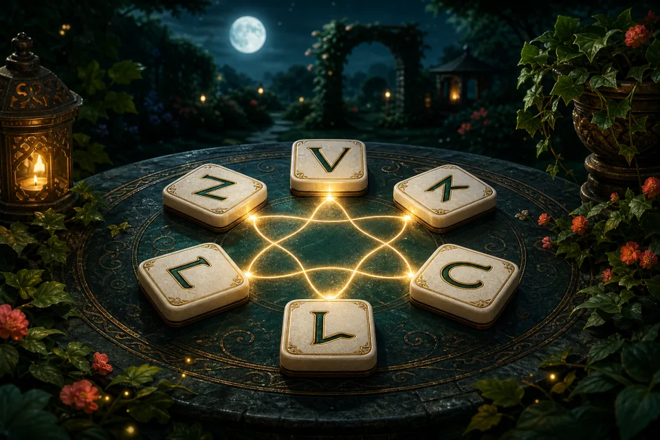 Moonlit letter puzzle arranged on an enchanted garden table
