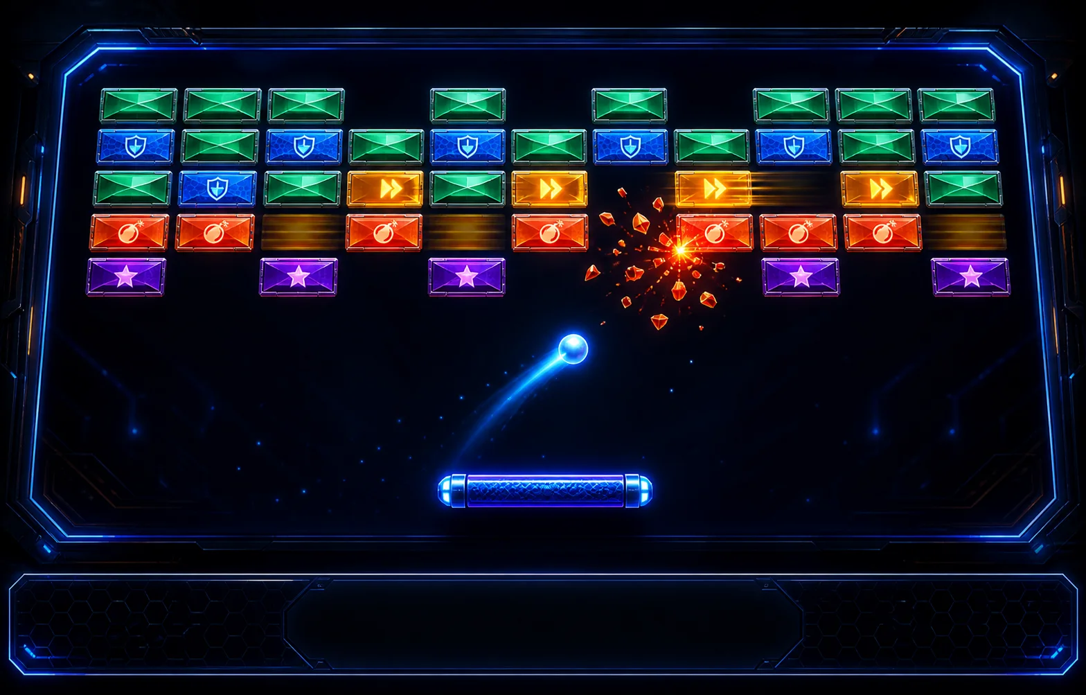 Brick Breaker neon arcade game with varied bricks, paddle and ball