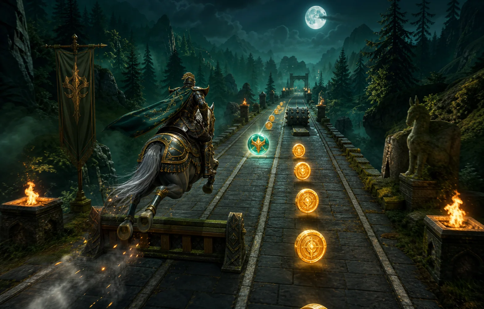 Realm Rider horse runner game on a moonlit obstacle road