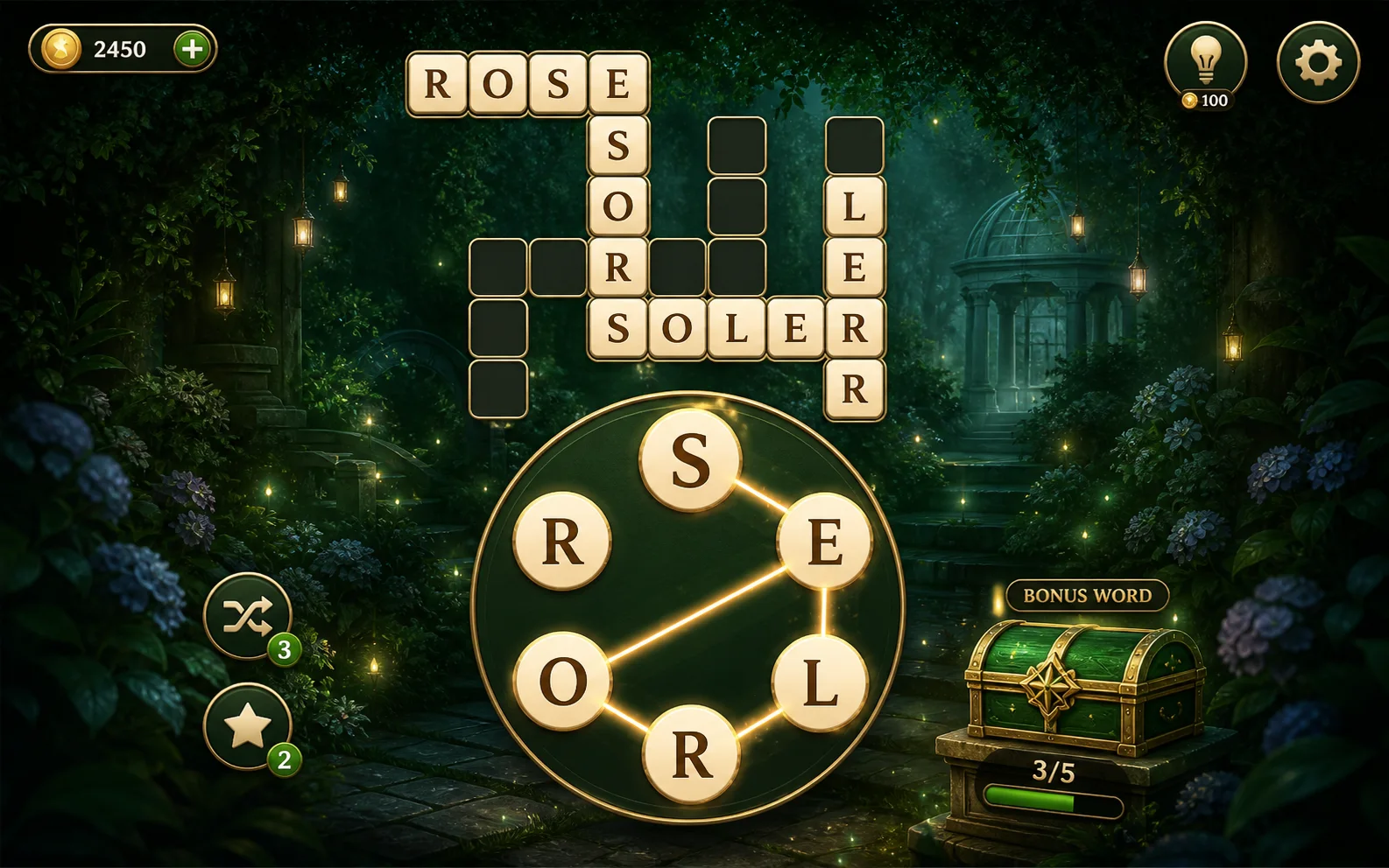 Word Puzzle game with crossword board and letter-connect wheel